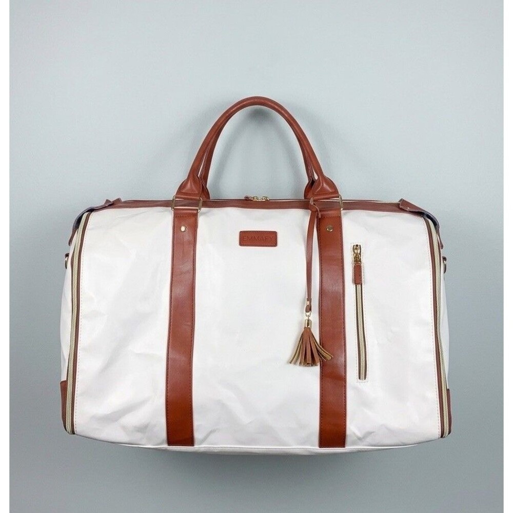 EMMAFY White & Tan Weekend Duffle Bag with Tassel and Removable Strap